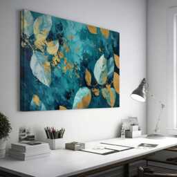 Teal & Gold Botanical Canvas Art, Abstract Metallic Leaf Print, Large Wall Decor, Modern Art For Living Room, Bedroom - thumbnail 2