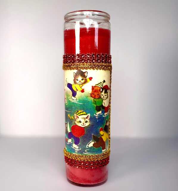 Custom Made Kitsch Kitty Cat On Skates Vintage Inspired Prayer Candle - image 1