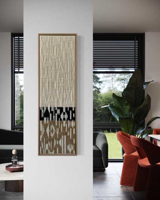 Framed Woven Fiber Art Geometric Textile Tapestry, Natural Oak, Textured Wall Hanging - image 1