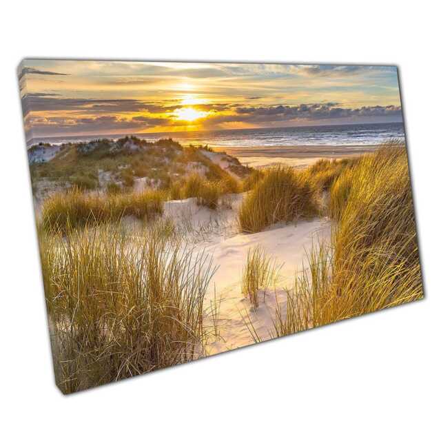 Tranquil Ameland Beach Sunset Sand Dunes Canvas Wall Art For Home & Office Decor - Netherlands Print - image 1