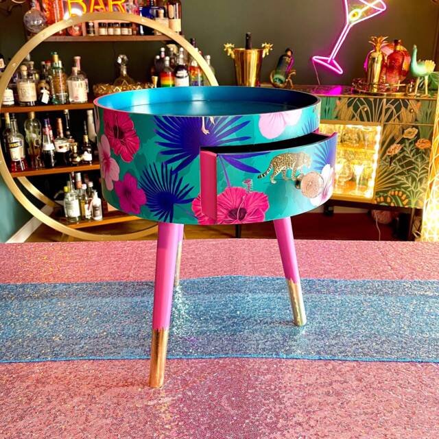 Pink & Blue Tropical Side Table Cabinet . Flamingo Leopard Print. Gold Leaf Legs Bedside Table/ Bed - image 1