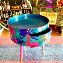 Pink & Blue Tropical Side Table Cabinet . Flamingo Leopard Print. Gold Leaf Legs Bedside Table/ Bed - thumbnail 4