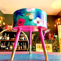 Pink & Blue Tropical Side Table Cabinet . Flamingo Leopard Print. Gold Leaf Legs Bedside Table/ Bed - thumbnail 2