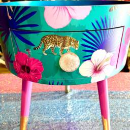 Pink & Blue Tropical Side Table Cabinet . Flamingo Leopard Print. Gold Leaf Legs Bedside Table/ Bed - thumbnail 3