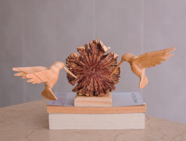 Hummingbird Love, Couple Statue, Flowers, Mushroom-Like Base, Rustic Sculpture, Wood Carving, Engagement Gift, Office Decor, Gift - image 1