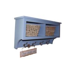 Wood Wall Shelf With Coat Hooks Slate Blue Entryway Cubby