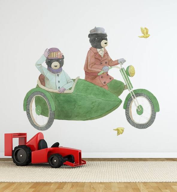 Bears Riding Together With Side Car Wall Sticker Decal - Kids Stickers, Animals Childrens Decals, Art