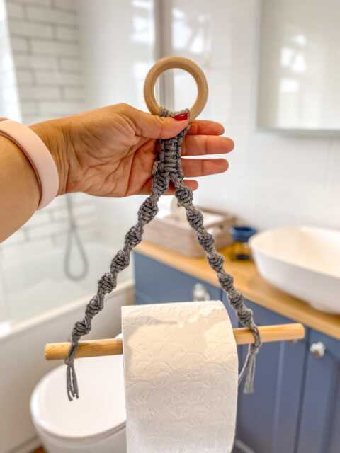 Grey Macrame Toilet Roll Holder, Boho Bathroom Wall Hanging, Minimalist Bath Accessory, Cotton Rope Loo Paper Hanger, Farmhouse Storage - image 1