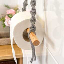 Grey Macrame Toilet Roll Holder, Boho Bathroom Wall Hanging, Minimalist Bath Accessory, Cotton Rope Loo Paper Hanger, Farmhouse Storage - thumbnail 3