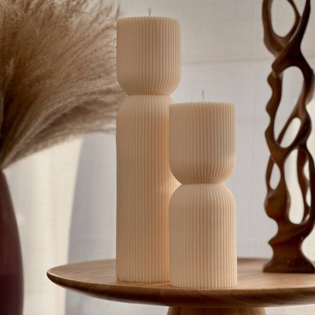 Ribbed Hourglass Soy Candle Sculptural Striped Pillar, Minimalist Decor - image 1