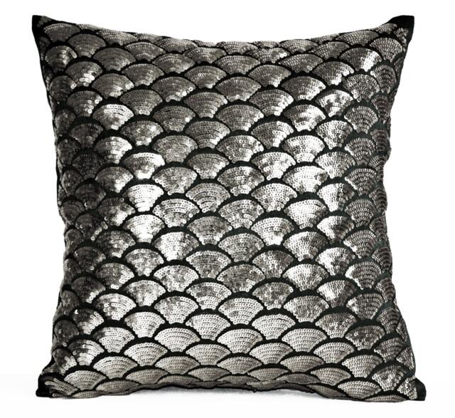 Gunmetal Sequin Pillow Cover Embroidered Waves, Sashiko Case, Grey Black Cushion, Throw Pillow, Accent Toss Multi Size