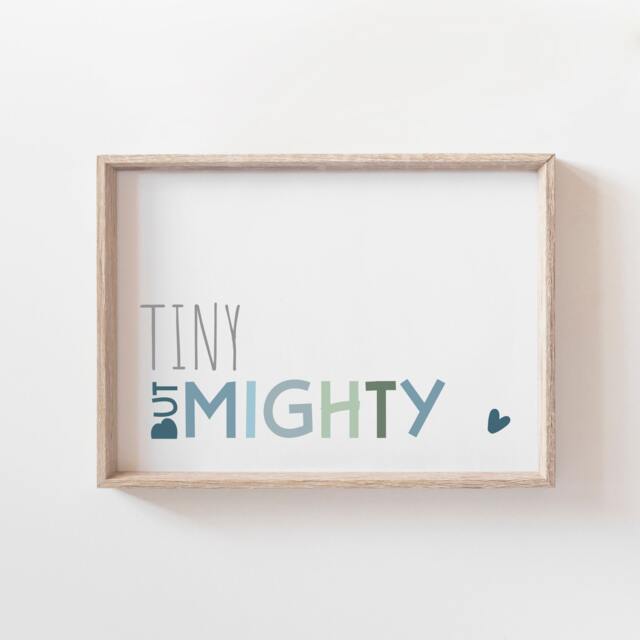 Tiny But Mighty Print, Boys Nursery Bedroom Decor, Playroom Prints, Wall Art, Muted Blue Quotes, Home Decor - image 1