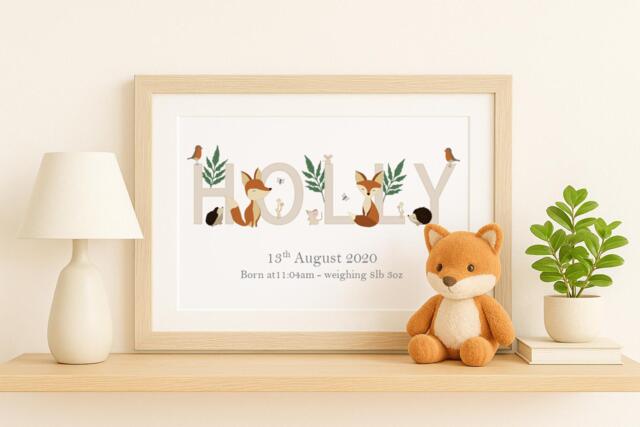Personalised Woodland Animals Name Print - Custom Nursery Wall Art For Baby Or Child's Bedroom New Gift Christening Keepsake Va017 - image 1