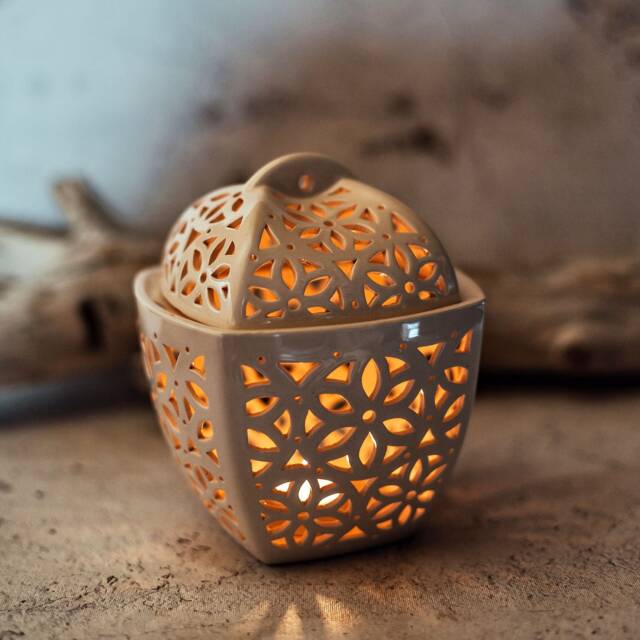 Pottery Tea Light Holder Floral Candle Lantern With Lid - image 1