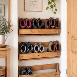 Rustic Narrow Wooden Wall Mounted Shoe Rack - Small Space Storage - thumbnail 3