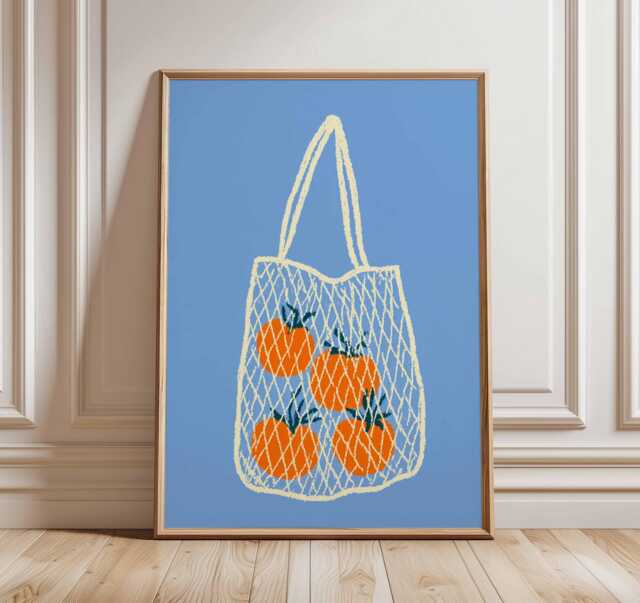 Modern Fruit Wall Art Print, Oranges in Net Bag Poster, Minimalist Kitchen Decor, Contemporary Still Life Artwork, Poster - image 1