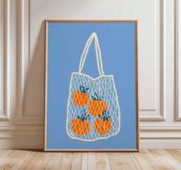Modern Fruit Wall Art Print, Oranges in Net Bag Poster, Minimalist Kitchen Decor, Contemporary Still Life Artwork, Poster - thumbnail 1