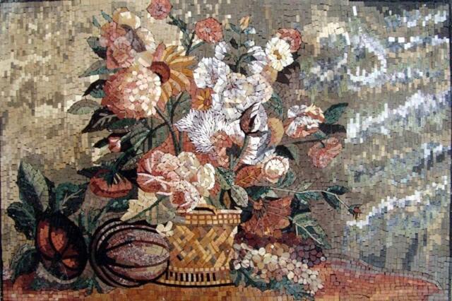Handmade Marble Mosaic Floral Still Life, 43 X 27 Inch