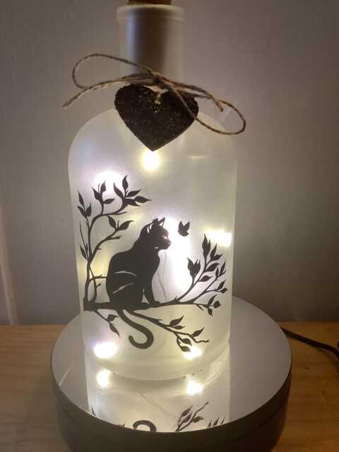 Personalised Cat Sitting in A Tree Sillouette Light Up Bottle, Bottle Lamp. Free Gift Messaging Service & Bag - image 1