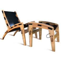 Quilpo Black Leather Lounge Chair & Ottoman Mid-Century Modern Design - thumbnail 2