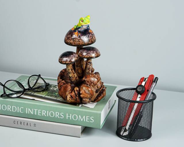 Frog On Mushroom, Hand Carved, Painted Statue, Animal, Wood Carving, Sculpture, Nature, Home Decor, Burl Wood, Artwork, Gift For Friend - image 1