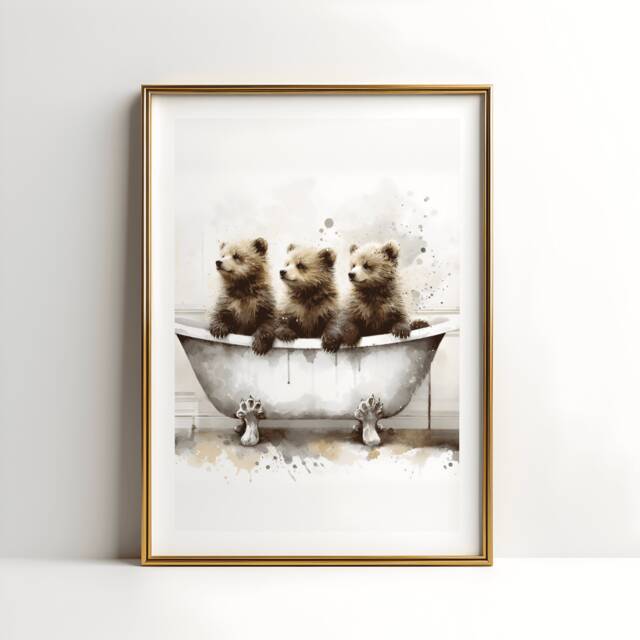 Bear Cub Bathroom Print - Animal Bathtub Poster - Bath Room Wall Art Vintage Watercolour Kids Animals Artwork - image 1