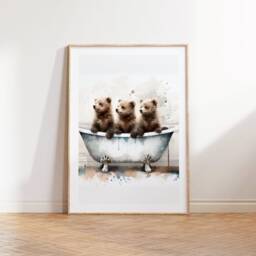 Bear Cub Bathroom Print - Animal Bathtub Poster - Bath Room Wall Art Vintage Watercolour Kids Animals Artwork - thumbnail 2