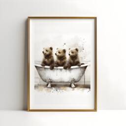 Bear Cub Bathroom Print - Animal Bathtub Poster - Bath Room Wall Art Vintage Watercolour Kids Animals Artwork - thumbnail 1