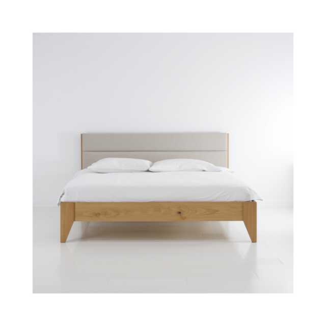 Minimalist Solid Oak Bed With A Natural Linen Upholstered Headboard - image 1