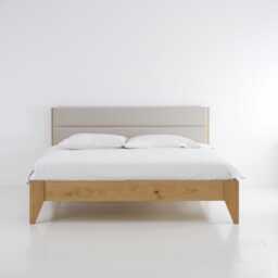 Minimalist Solid Oak Bed With A Natural Linen Upholstered Headboard - thumbnail 2