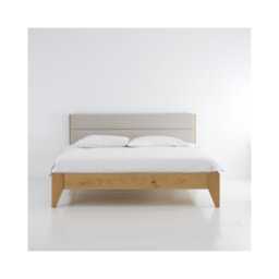 Minimalist Solid Oak Bed With A Natural Linen Upholstered Headboard