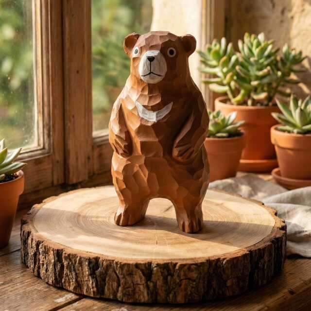 Hand-Carved Wooden Bear Figurine - Rustic Woodland Nursery Decor Whimsical Moon Sculpture Unique Nature Lover Gift - image 1