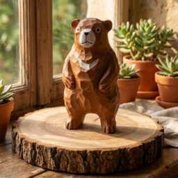 Hand-Carved Wooden Bear Figurine - Rustic Woodland Nursery Decor Whimsical Moon Sculpture Unique Nature Lover Gift