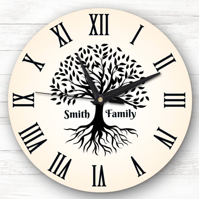 Family Tree Black Silhouette Peach Personalised Gift Clock - image 1