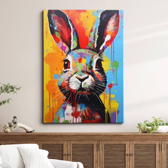 Colorful Rabbit Animal Abstract Oil Painting Splatter Style Wall Art, Framed Canvas Poster Print, Home Kitchen Office Room Decor, Gifts - image 1