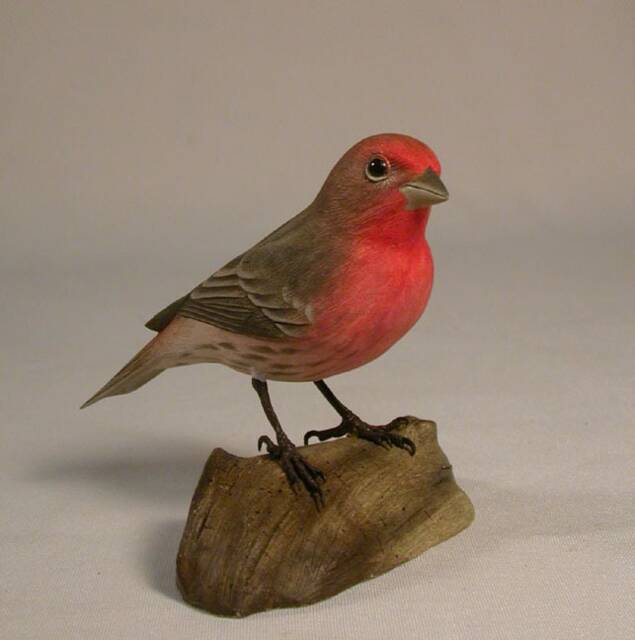 House Finch Hand Carved Wooden Songbird On Carved Wooden Base - image 1