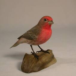 House Finch Hand Carved Wooden Songbird On Carved Wooden Base