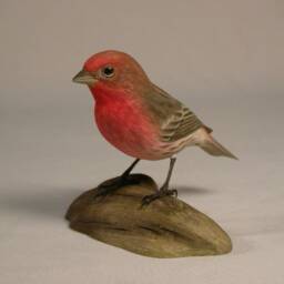 House Finch Hand Carved Wooden Songbird On Carved Wooden Base - thumbnail 2