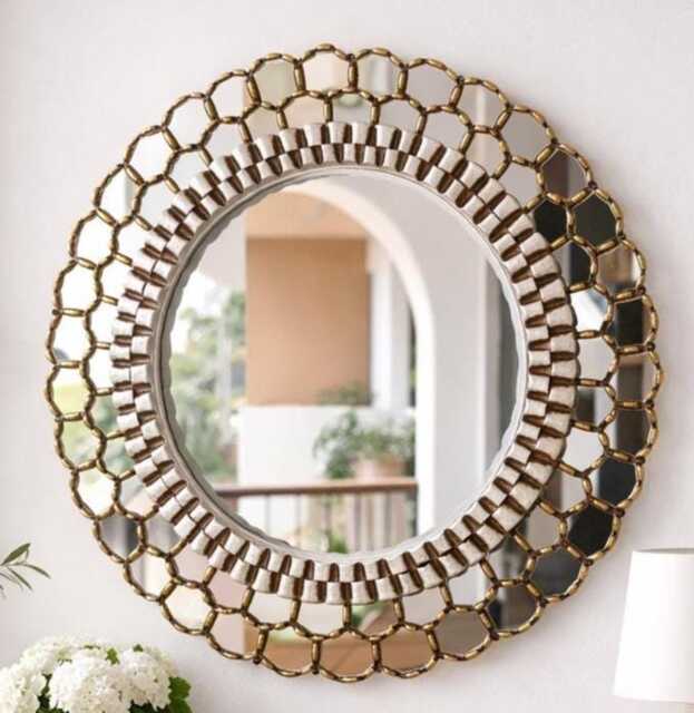 Peruvian Gold Ivory Harmonious Mirror 60 cm Handmade Wall Decor - Carved Wood Round Elegant Statement For Living Room Bathroom - image 1