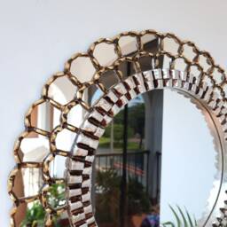 Peruvian Gold Ivory Harmonious Mirror 60 cm Handmade Wall Decor - Carved Wood Round Elegant Statement For Living Room Bathroom - thumbnail 3