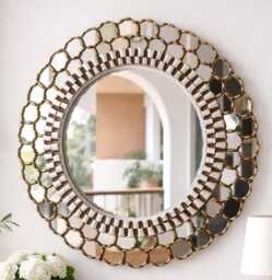 Peruvian Gold Ivory Harmonious Mirror 60 cm Handmade Wall Decor - Carved Wood Round Elegant Statement For Living Room Bathroom