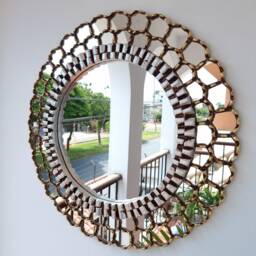Peruvian Gold Ivory Harmonious Mirror 60 cm Handmade Wall Decor - Carved Wood Round Elegant Statement For Living Room Bathroom - thumbnail 2