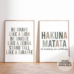 Safari Print Set -- Hakuna Matata, Be Brave Print, Nursery, Jungle Playroom Prints, Bedroom Decor, Unframed - thumbnail 1