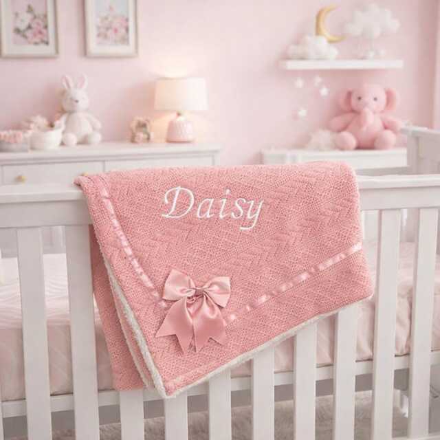 Personalised Baby Blanket Knitted With Bow Sherpa Reverse Newborn Boy Girl Unisex Gift - image 1