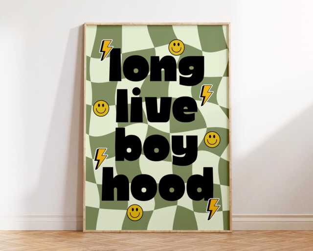 Long Live Boyhood Wall Art - Kids Bedroom Boys Poster Positive Quote Playroom Nursery Print Retro Checkerboard Cool Club - image 1