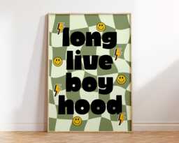Long Live Boyhood Wall Art - Kids Bedroom Boys Poster Positive Quote Playroom Nursery Print Retro Checkerboard Cool Club - thumbnail 1