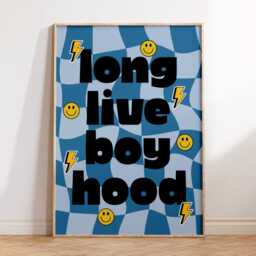 Long Live Boyhood Wall Art - Kids Bedroom Boys Poster Positive Quote Playroom Nursery Print Retro Checkerboard Cool Club - thumbnail 3