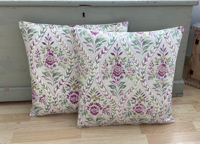 Handmade Pair Country Garden Hollyhock Botanical Floral Lavender Linen Duck Feather Throw Pillow Cushion - image 1