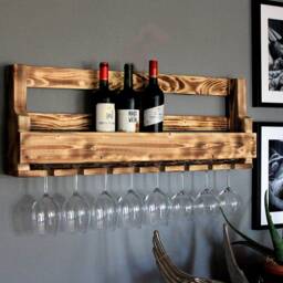 Wooden Wine Rack For The Wall - With Glass Holder Flamed Ready Assembled Shelf Bottles & Glasses - thumbnail 2
