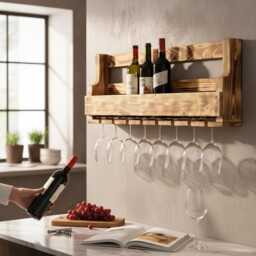 Wooden Wine Rack For The Wall - With Glass Holder Flamed Ready Assembled Shelf Bottles & Glasses